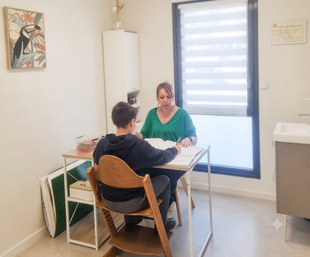Valérie Prost, graphothérapeute à Limas, en séance de rééducation de l'écriture